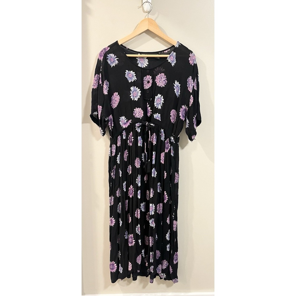 D.D. Designs Vtg Button Front Dark Floral Midi Dress Tie‎ Waist Crinkle Sz M